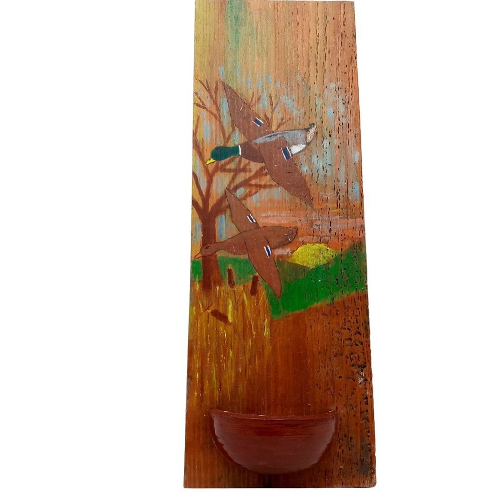 Duck Folk Art Barnwood Wall Pocket Plant Holder Handpainted Mallard OOAK 16 Inch
